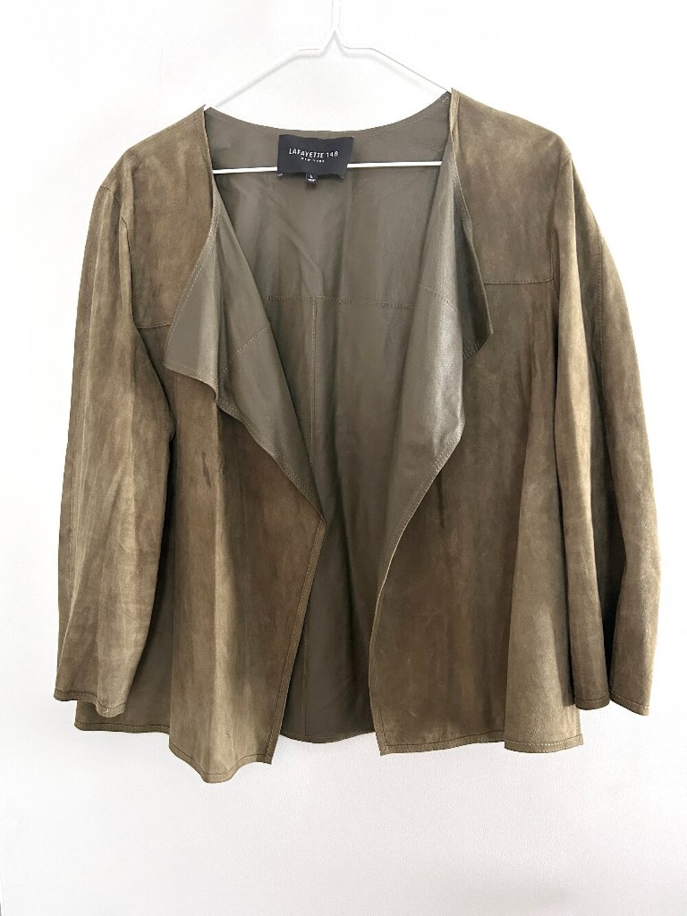 Lafayette 148 New York Olive Suede Leather Open Front Jacket Size L Luxury Drape